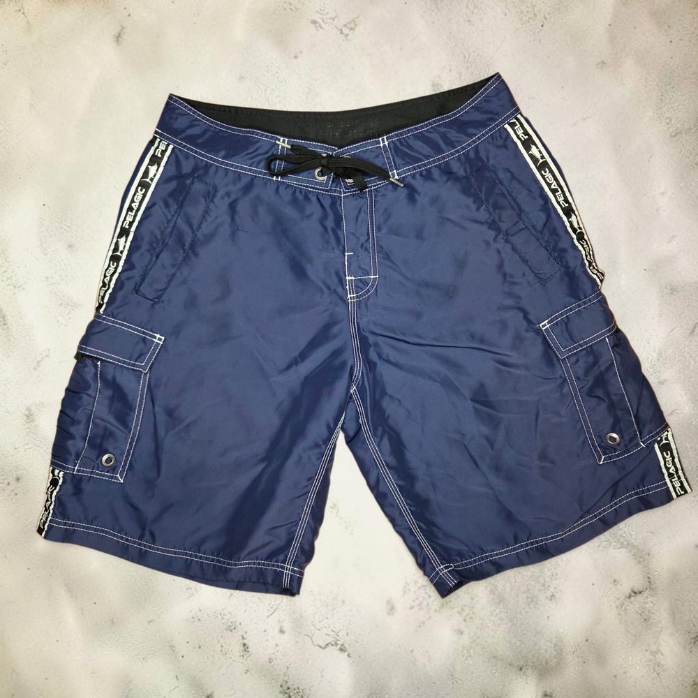 Pelagic Mens Blue Cargo Board Shorts Fishing Trunks Size 31 Navy Logo Tape